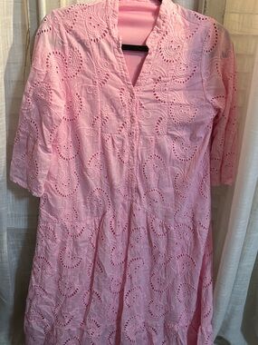 Pink Eyelet long dress fully lined flare sleeves tiered maxi small/ medium